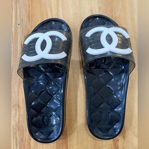 CHANEL Black Sandals with White Logo
